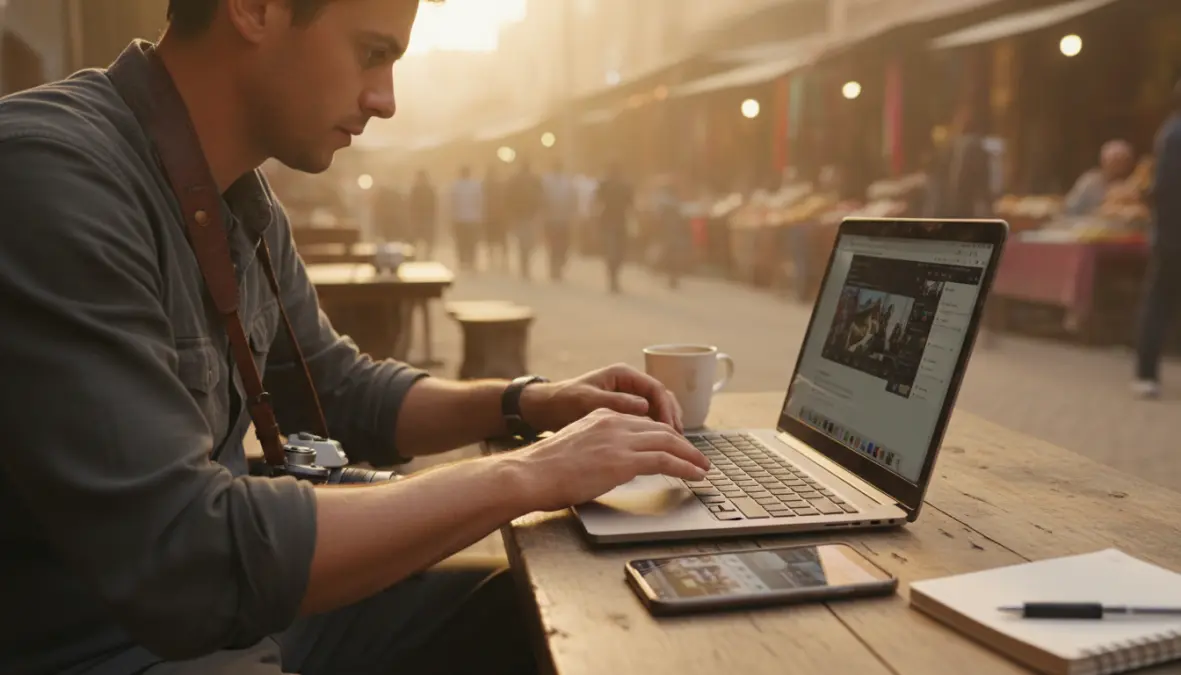 Travel photographer editing photos on location demonstrating practical workflow and photo editing tips