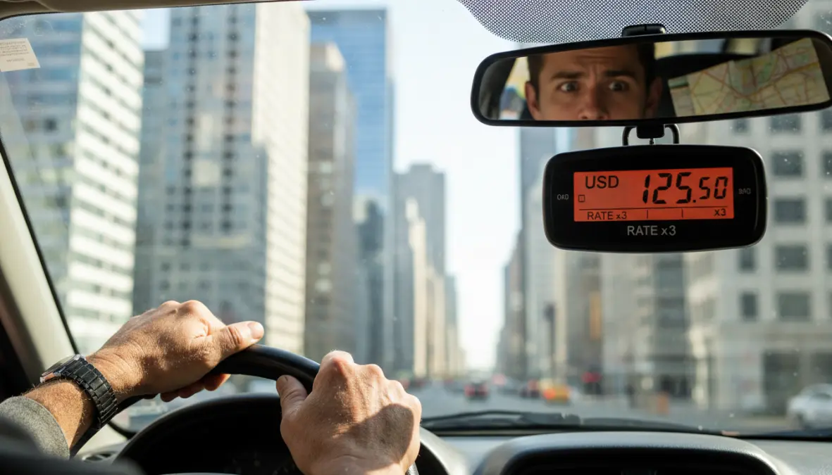 Taxi meter displaying fare showing common transportation travel scams tourists should avoid