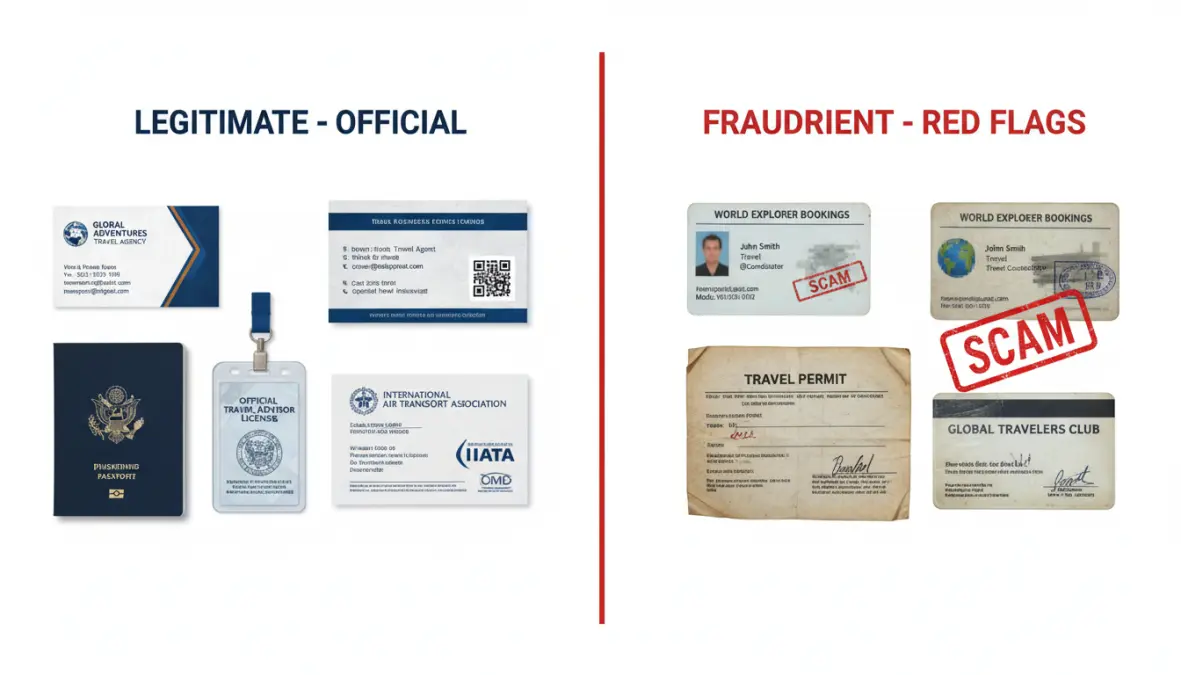Visual guide comparing legitimate travel services versus travel fraud warning signs