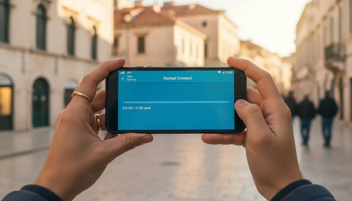 Traveler checking mobile data coverage and network connectivity abroad in Europe