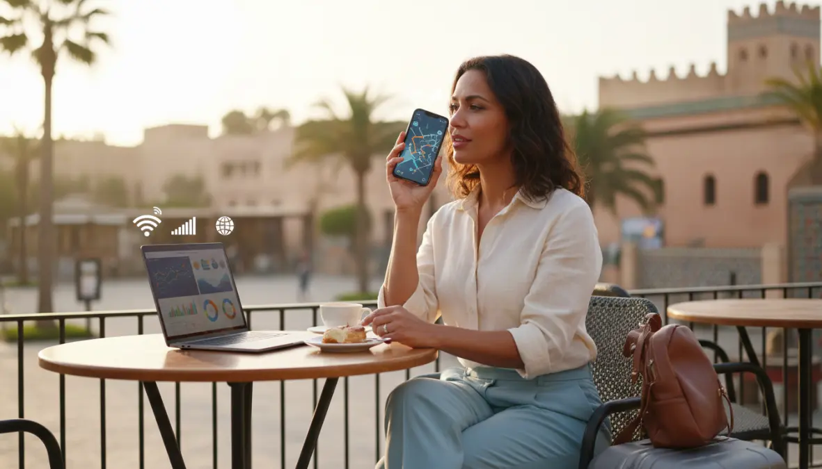 Digital nomad using dual SIM smartphone for international mobile connectivity while traveling
