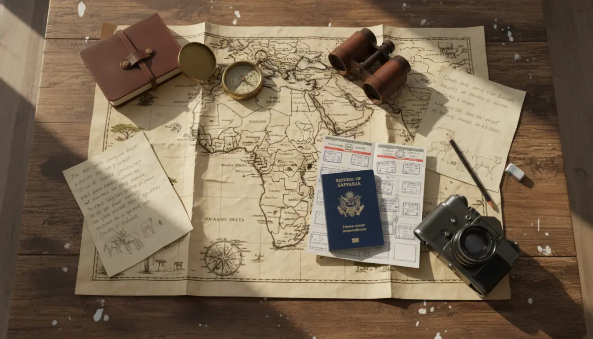 Safari destination guide with Africa map and travel planning essentials