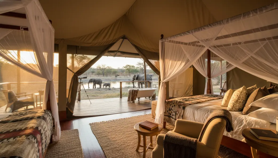 Luxury safari lodge accommodation with wildlife viewing and comfortable amenities