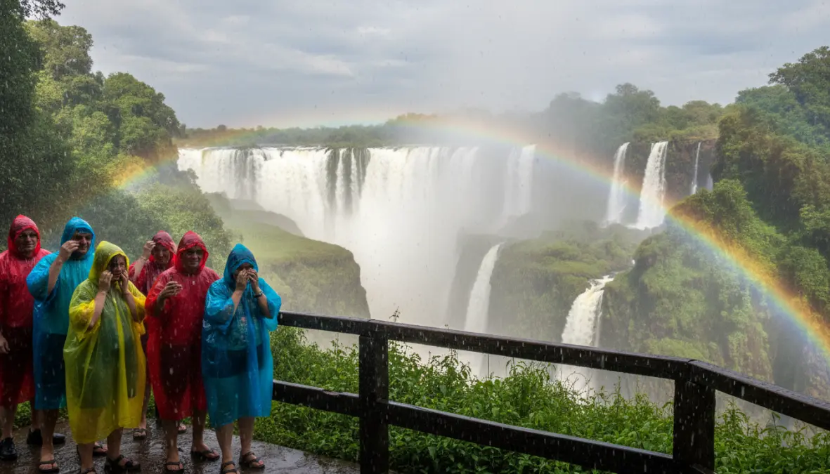 Visiting Victoria Falls viewpoint on the rainforest trail with tourists experiencing the spray