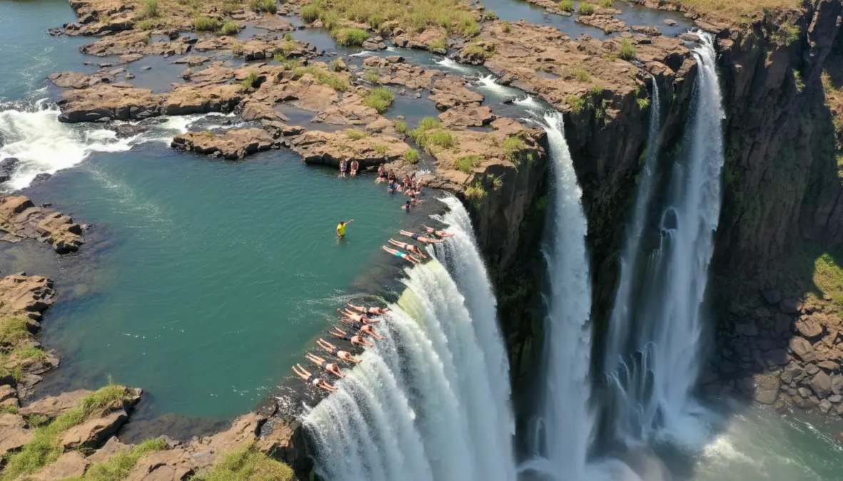 Devil's Pool Victoria Falls attractions showing swimmers at the edge during dry season
