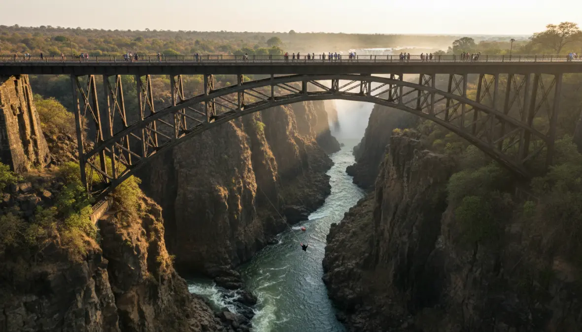 Victoria Falls Bridge connecting Zimbabwe and Zambia with white water rafting gorge below