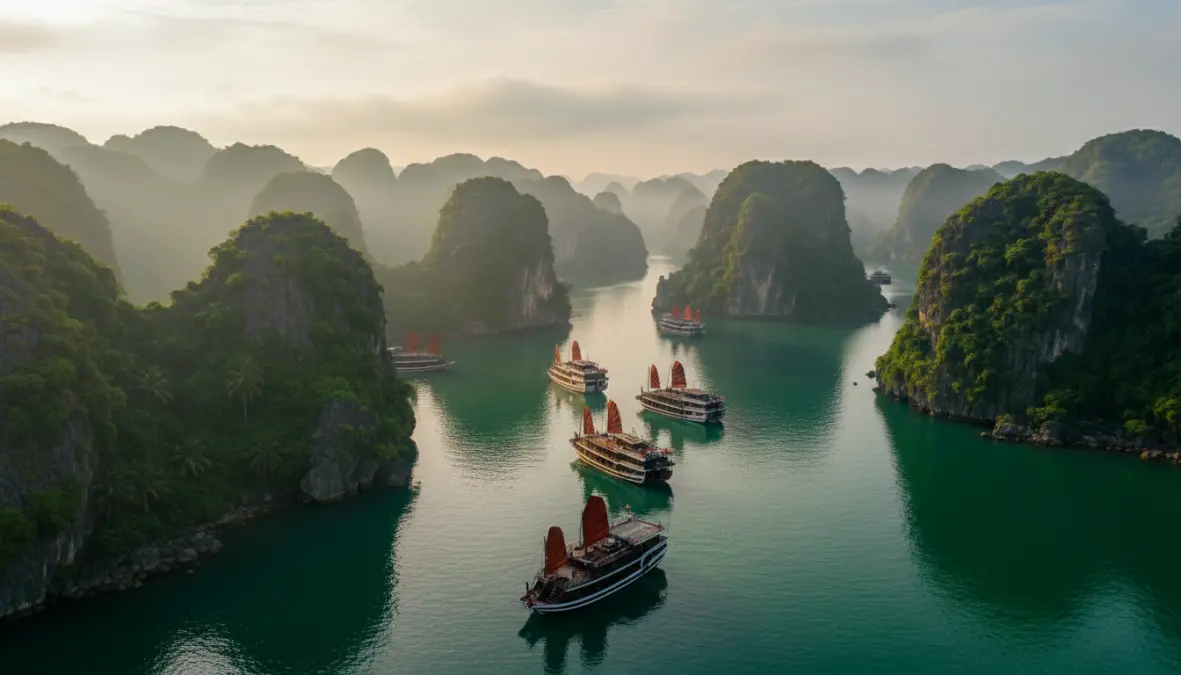 Ha Long Bay limestone karsts and boats, essential stop on vietnam backpacking itinerary