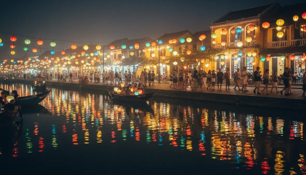 Hoi An ancient town lanterns at night, central Vietnam highlight on 3 week backpacking route