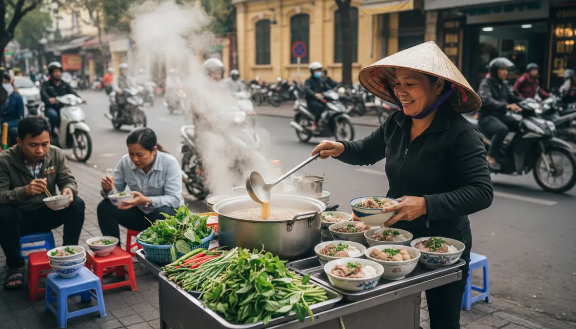 Street food in Hanoi Old Quarter, essential budget travel experience for vietnam backpackers