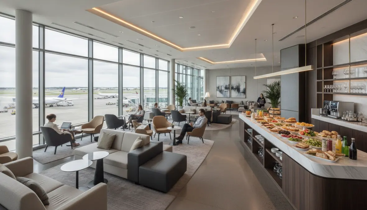 Premium airport transit lounge with comfortable seating and amenities for layover activities