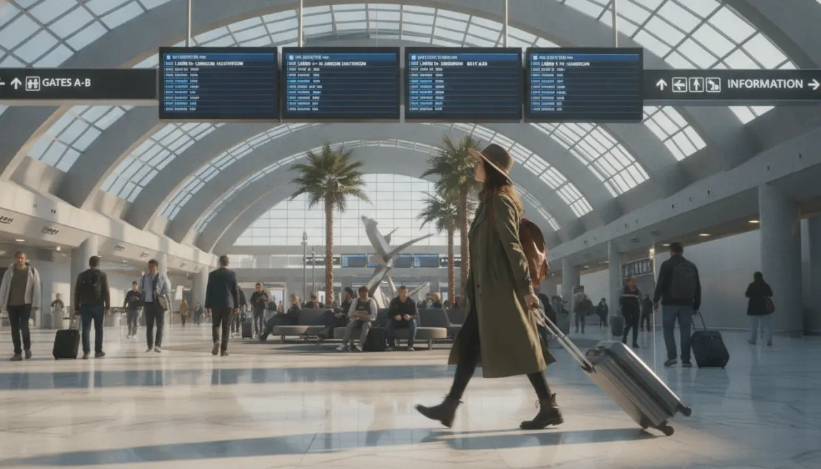 Connecting passenger navigating airport terminal during layover with luggage and flight information displays
