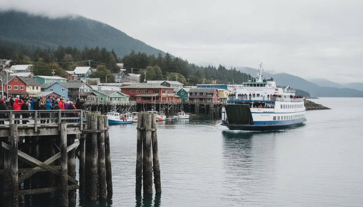 Alaska State Ferry approaching Inside Passage port town with passengers