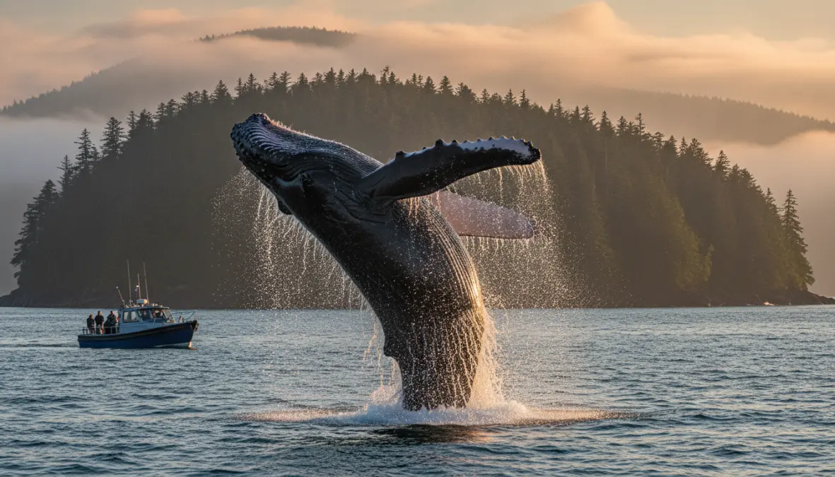 Whale watching in Alaska Inside Passage with humpback whale breaching