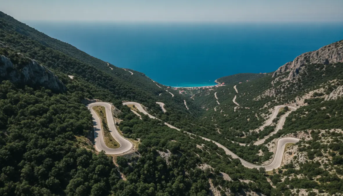 Scenic Llogara Pass road with breathtaking views of the Albanian Riviera coastline