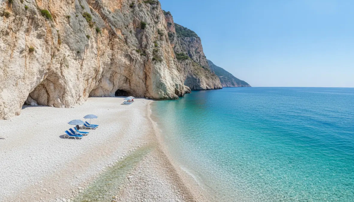 Hidden Gjipe Beach surrounded by canyon cliffs, one of the best beaches in Albanian Riviera