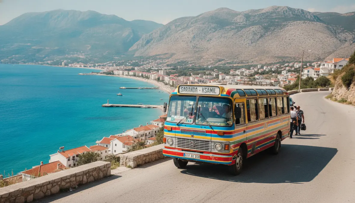 Furgon locale sulla strada costiera di Saranda, Riviera Albanese con vista mare