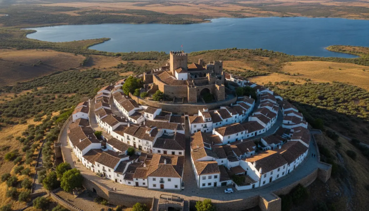 Medieval town of Monsaraz in Alentejo Portugal with whitewashed houses and ancient stone walls