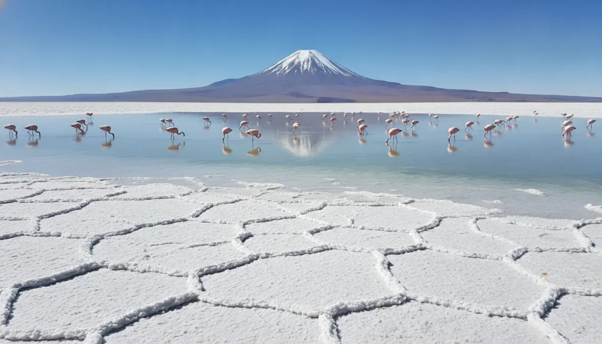 Pink flamingos at Laguna Chaxa in Atacama salt flats with volcano reflection