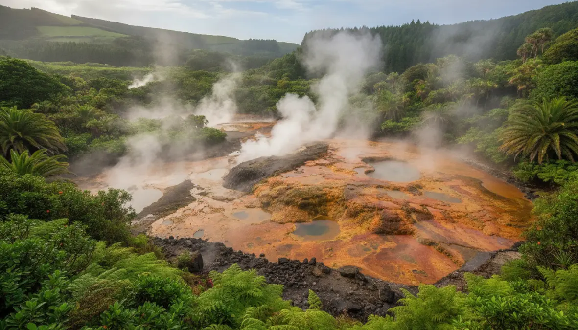 Furnas Valley thermal springs and geothermal activity in Azores volcanic landscape
