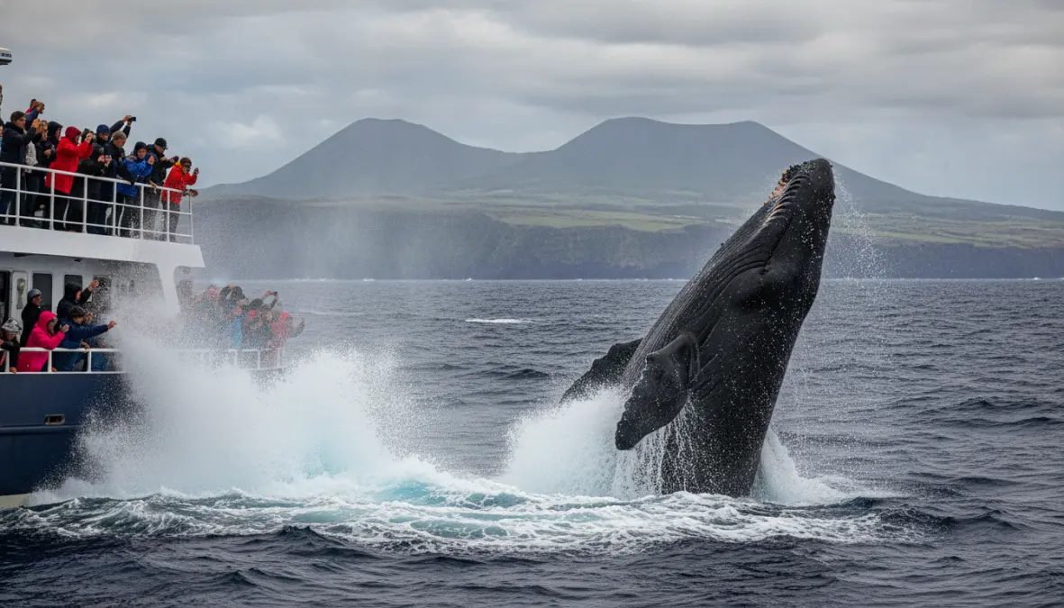 Whale watching tour in Azores Portugal with sperm whale near boat in Atlantic Ocean