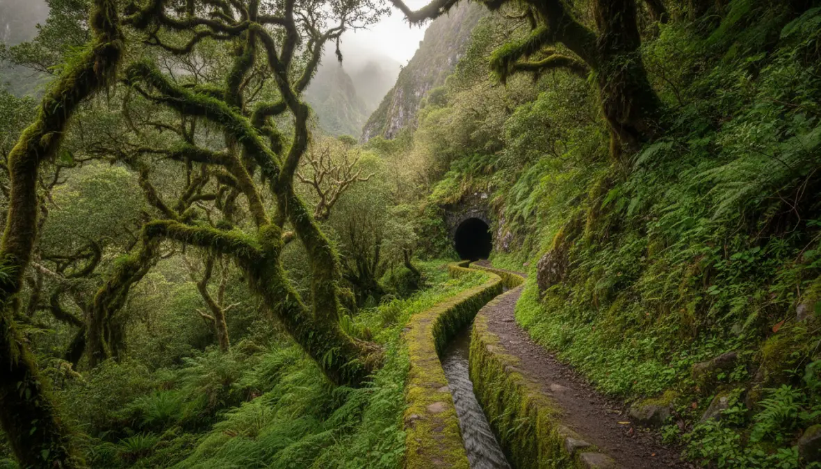 Madeira levada walk through laurisilva forest showing accessible nature trails