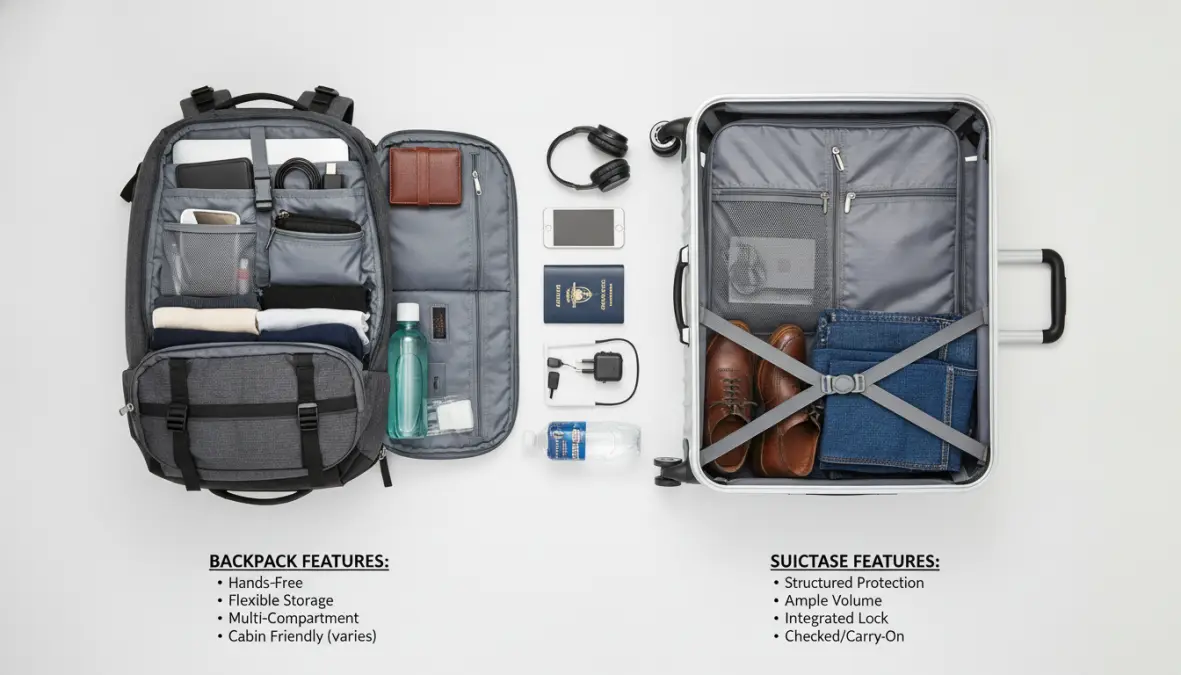 Travel luggage comparison table showing backpack and suitcase packing organization and features