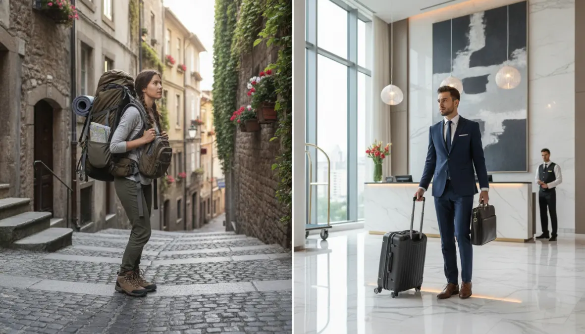 Backpack vs suitcase in different travel scenarios showing terrain and mobility differences