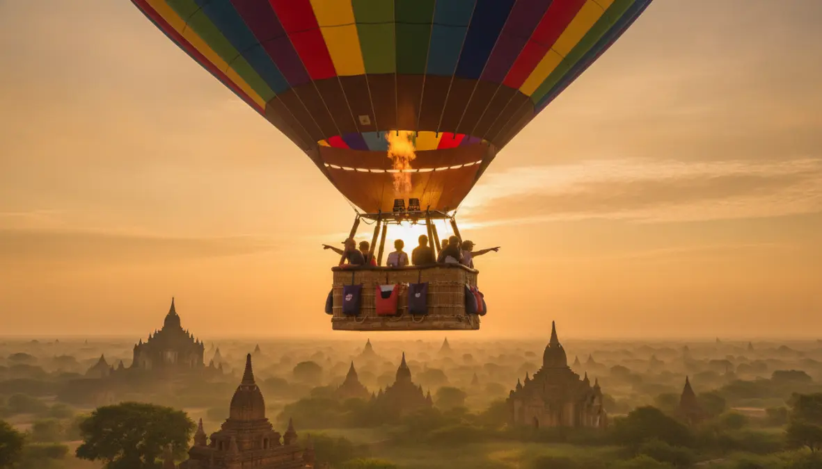 Bagan hot air balloon ride at sunrise over ancient Myanmar temple complex