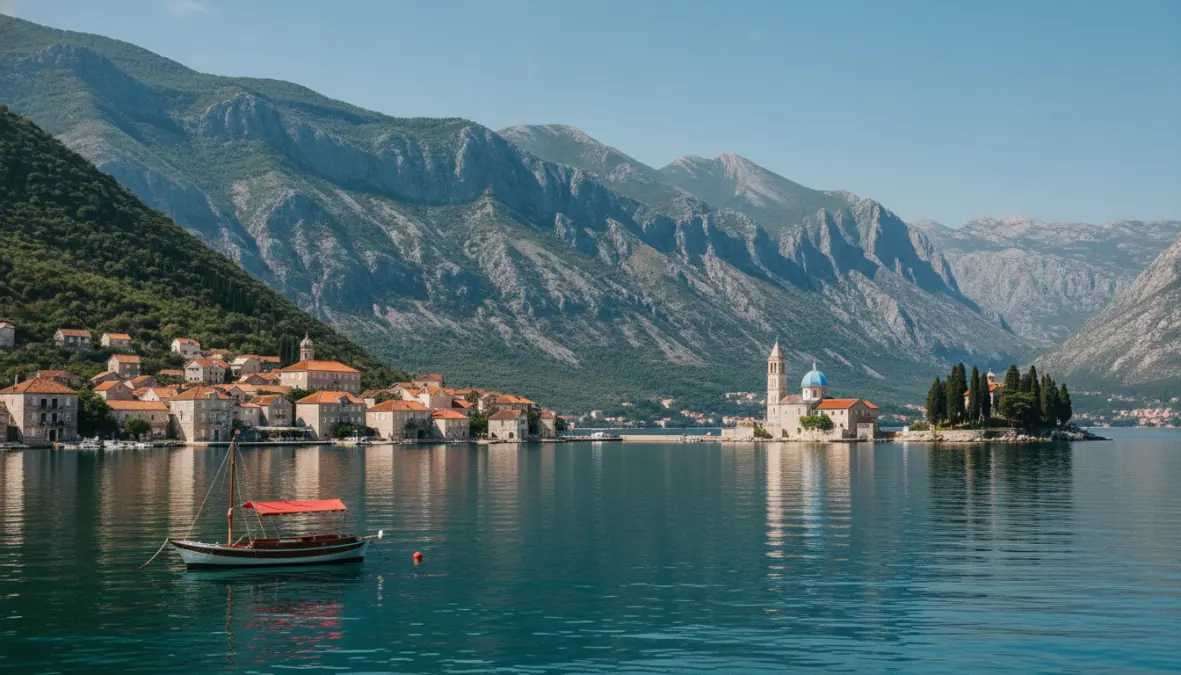 Perast Montenegro with Our Lady of the Rocks island church in Bay of Kotor