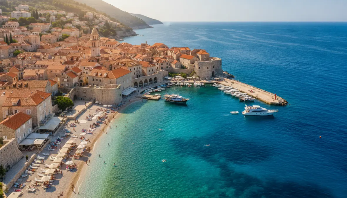 Scenic Dalmatian coast beach town in Croatia with turquoise Adriatic waters in June