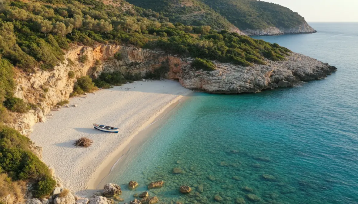 Quiet uncrowded beach on Albanian Riviera showing hidden gem destination in June