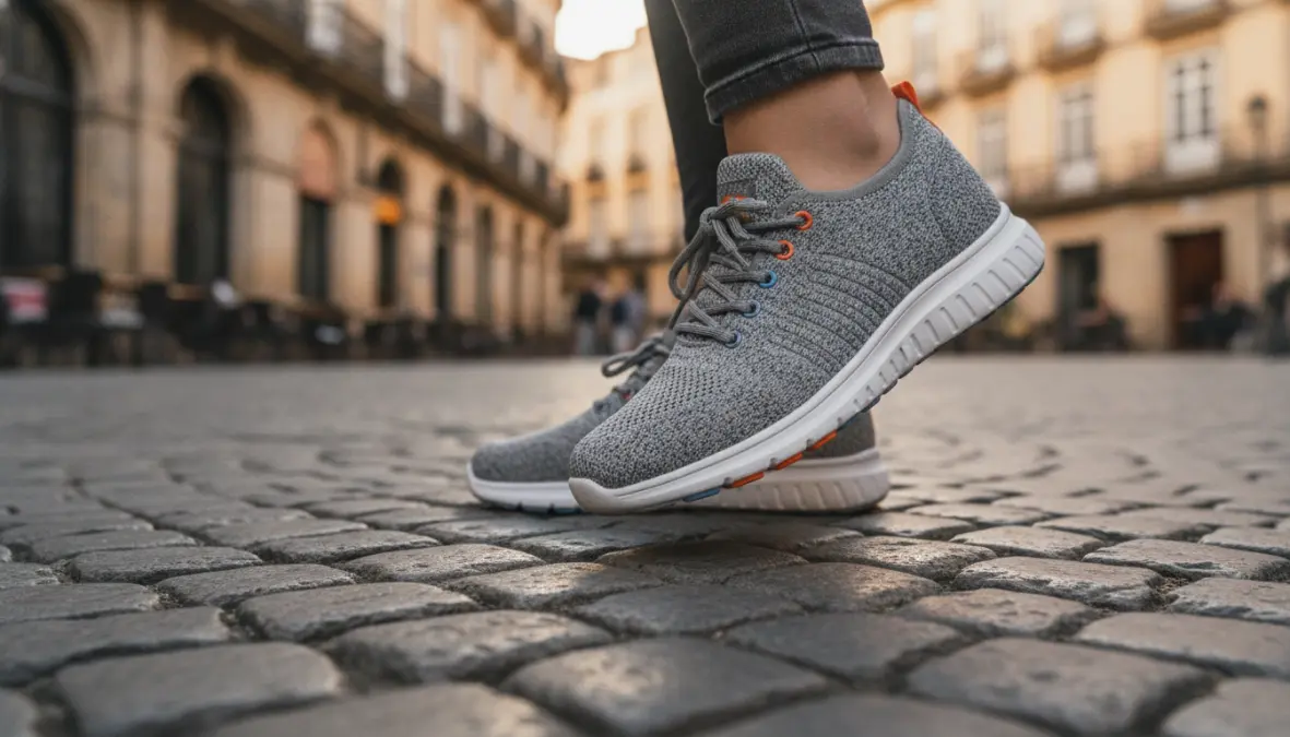 Comfortable walking shoes on cobblestone street during urban city exploration