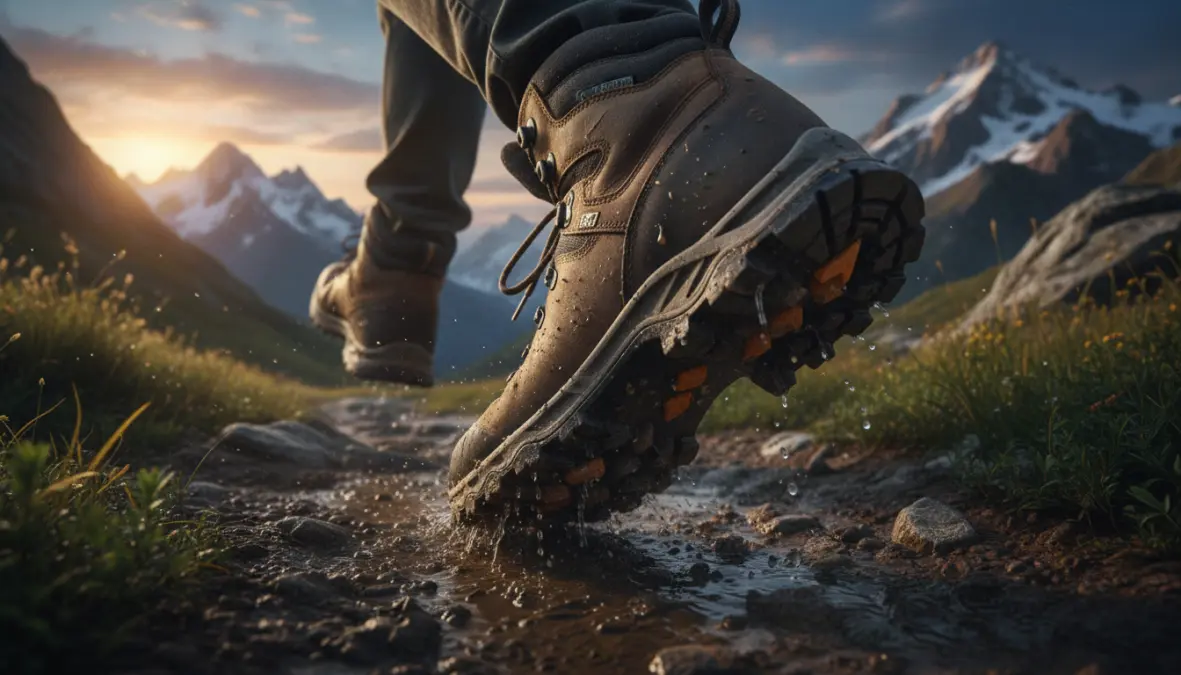 Waterproof hiking shoes on mountain trail showing traction and durability for outdoor adventure travel