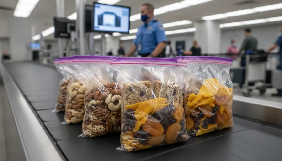 TSA approved airplane snacks in clear bags passing through airport security checkpoint