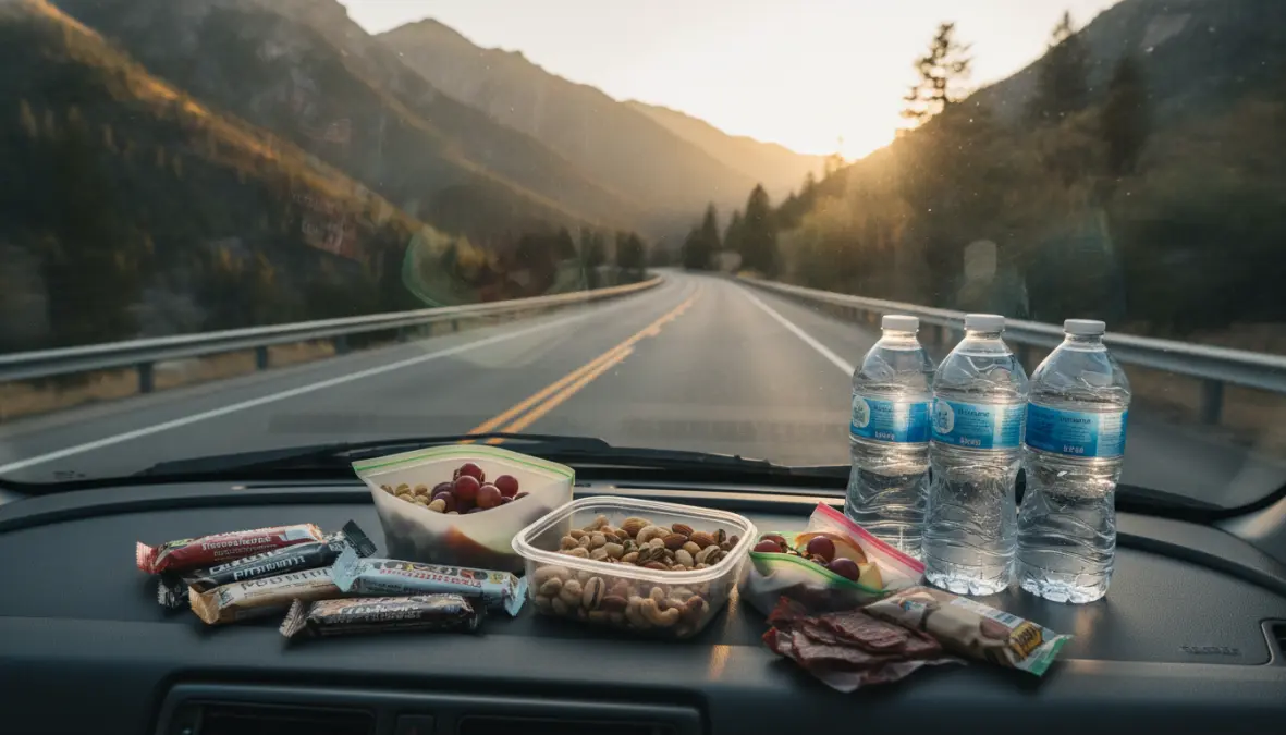 Healthy road trip snacks and portable travel food arranged on car dashboard during long drive