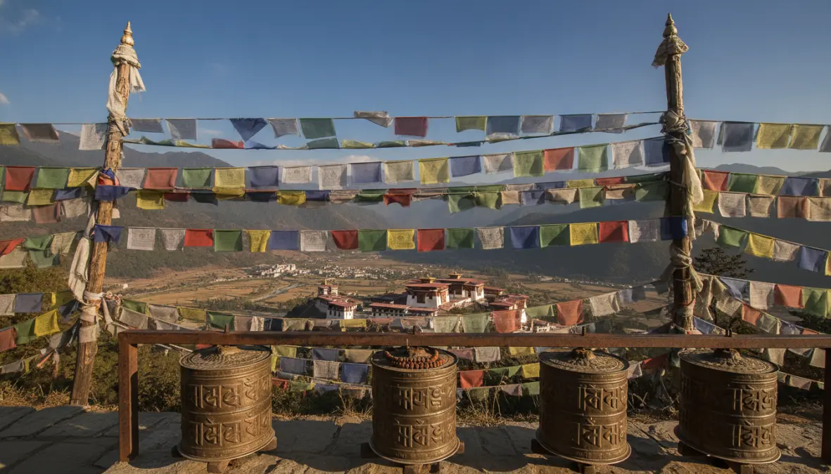 Traditional Bhutanese prayer flags and dzong fortress showcasing cultural traditions