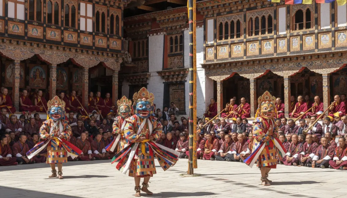 Bhutanese tsechu festival with traditional masked dancers and cultural celebrations