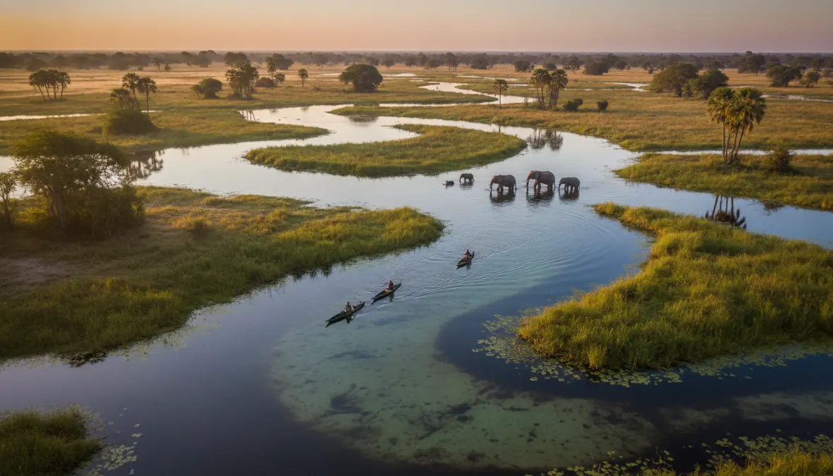 Okavango Delta mokoro safari experience with elephants in Botswana wildlife wilderness