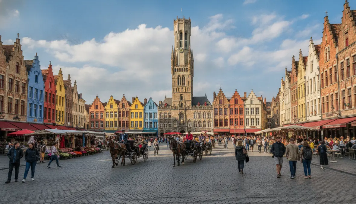 Markt Square Bruges with Belfry Tower, main attraction on Bruges day trip from Brussels