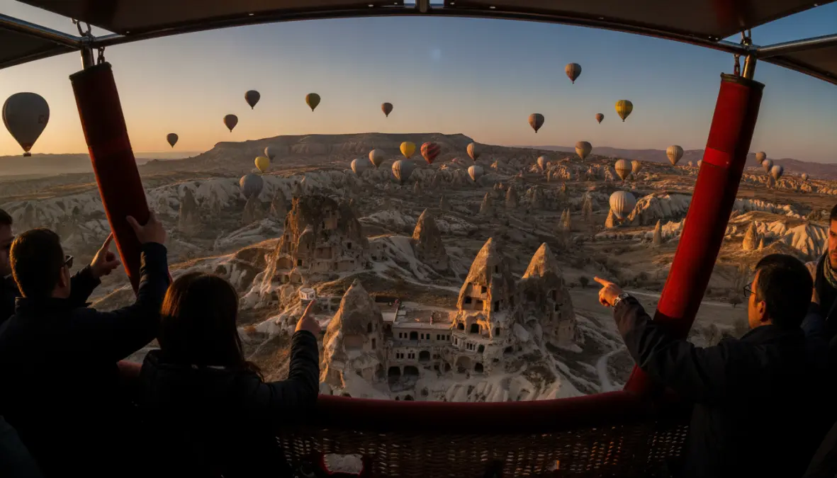 View from Goreme hot air balloon basket over Cappadocia's fairy chimneys and cave hotels