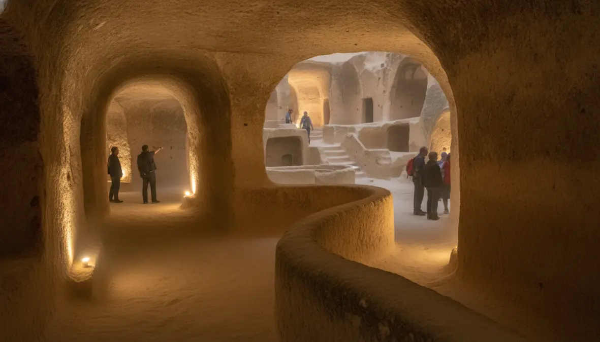 Cappadocia underground city tunnels and chambers carved from volcanic rock at Kaymakli