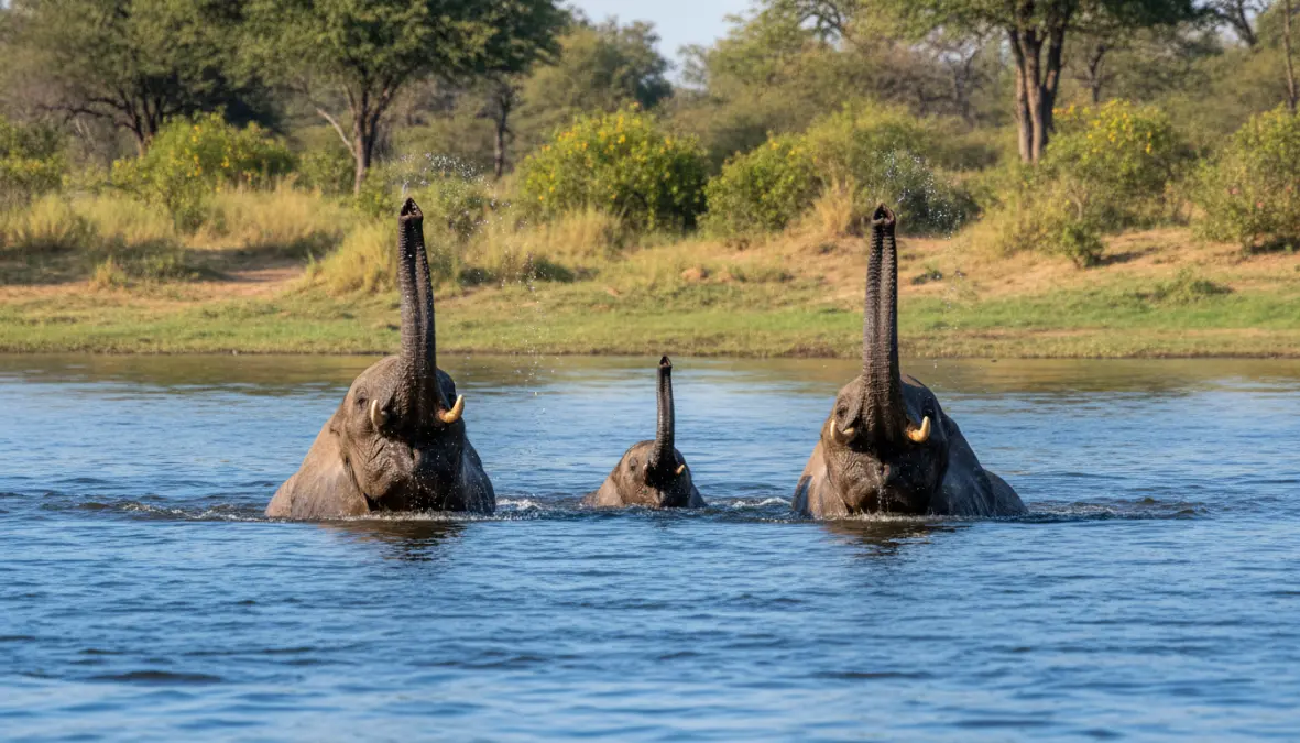 Elephant family swimming in Chobe River during boat safari in Botswana