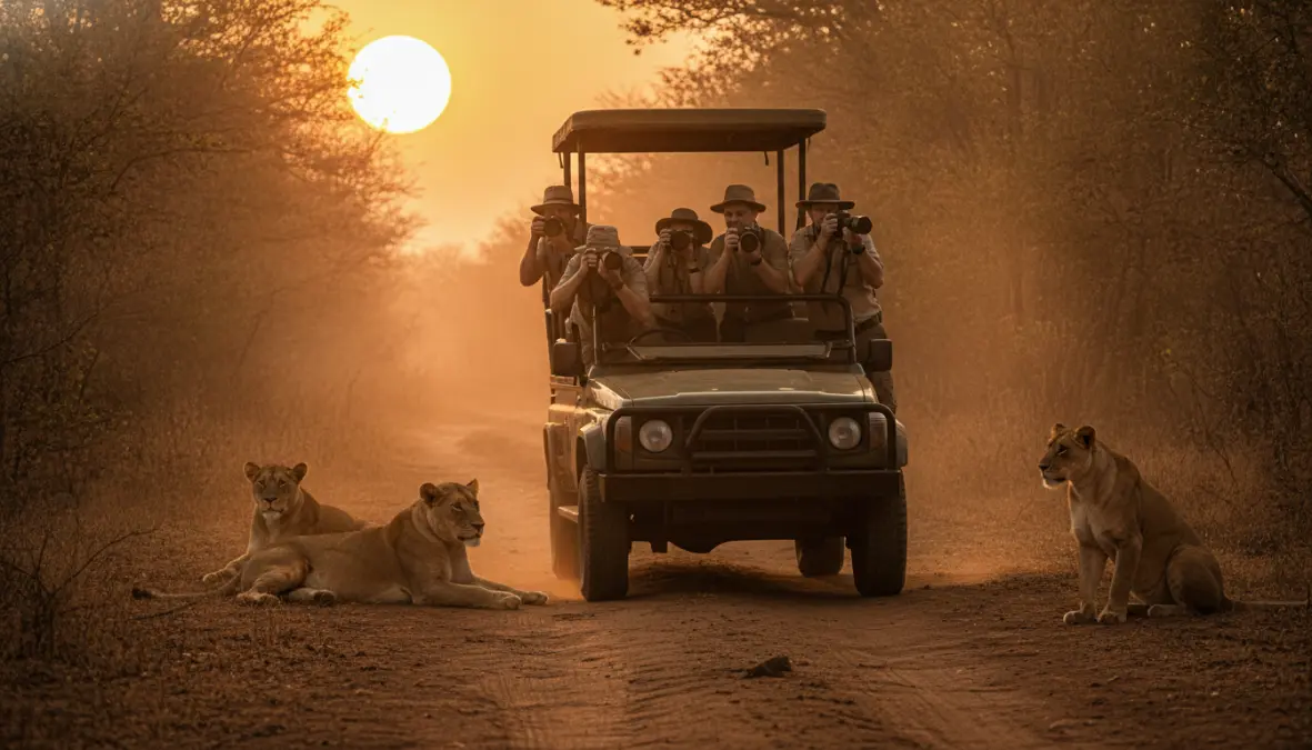 Morning game drive encountering lions in Chobe National Park Botswana