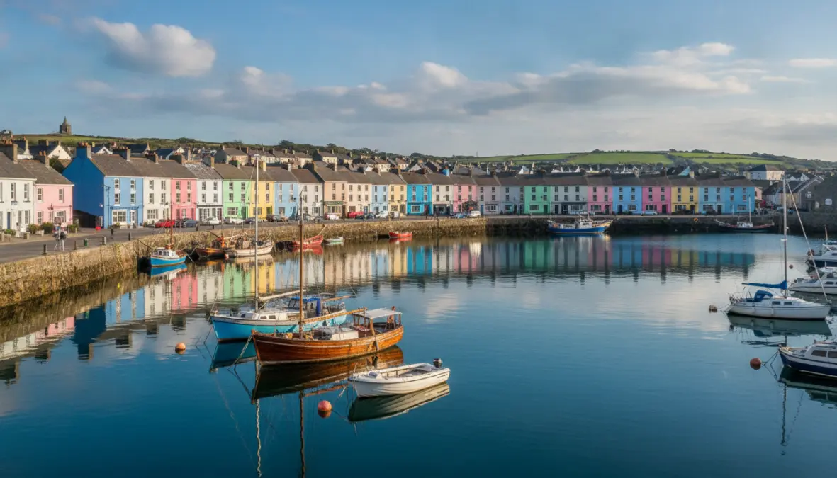 Colorful harbor buildings and fishing boats in Kinsale, County Cork on the Wild Atlantic Way route