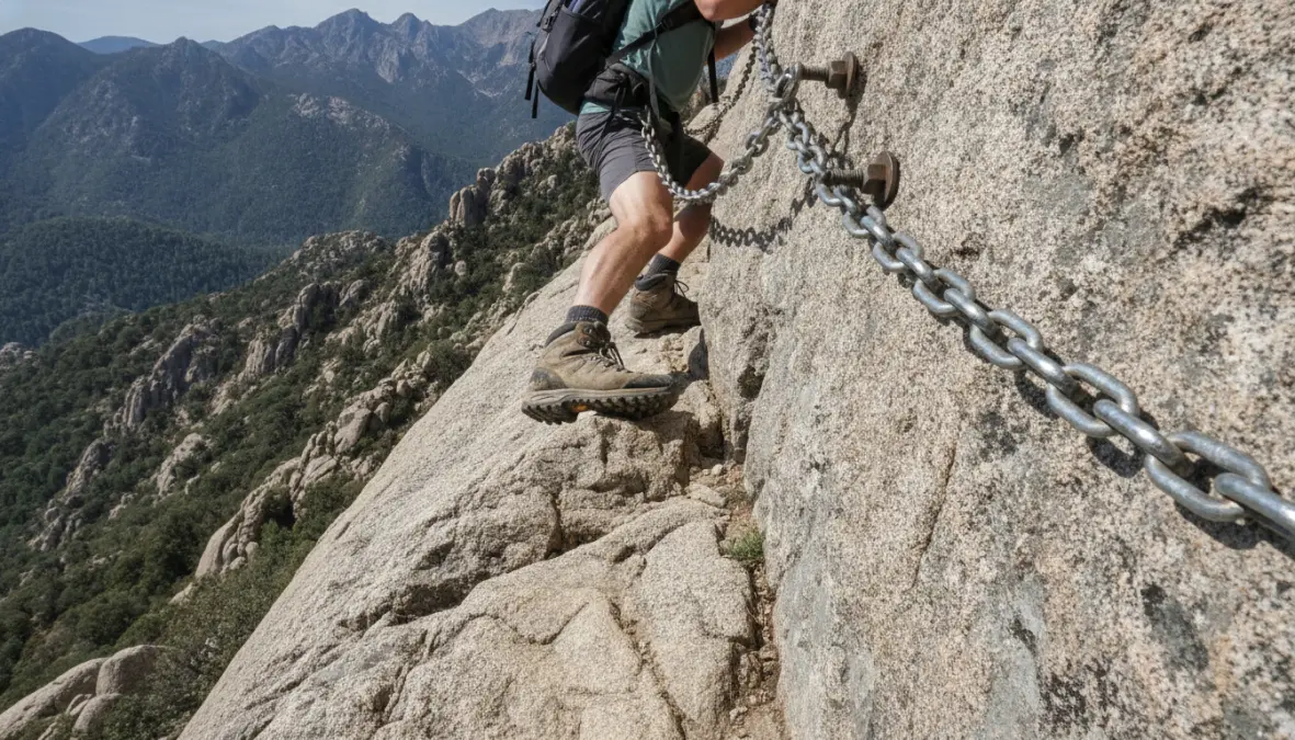 Technical scrambling section with chains on the GR20 hiking trail in Corsica