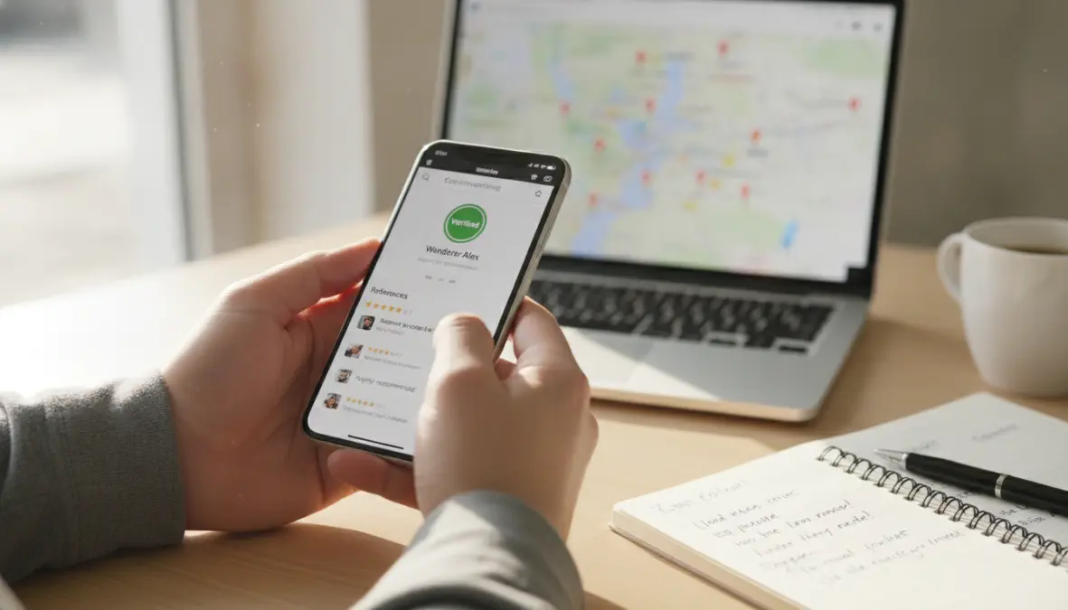 Creating a couchsurfing profile on smartphone showing verification and references for finding hosts