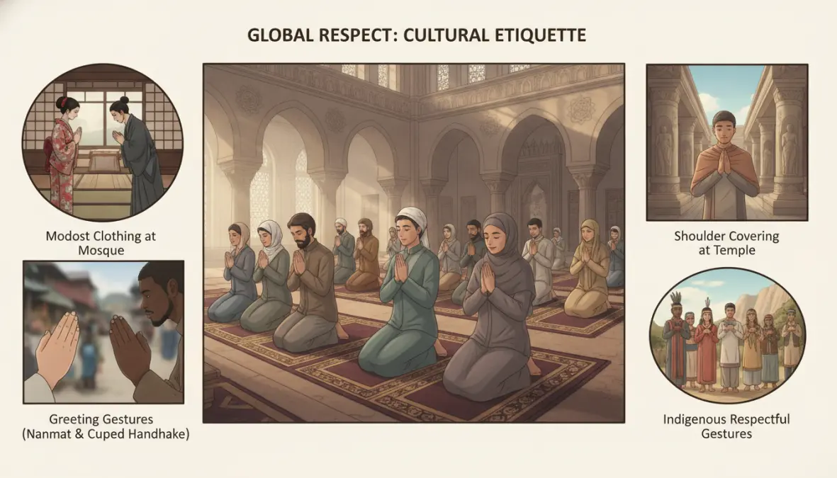 Proper dress codes and respectful gestures for cultural etiquette when traveling internationally