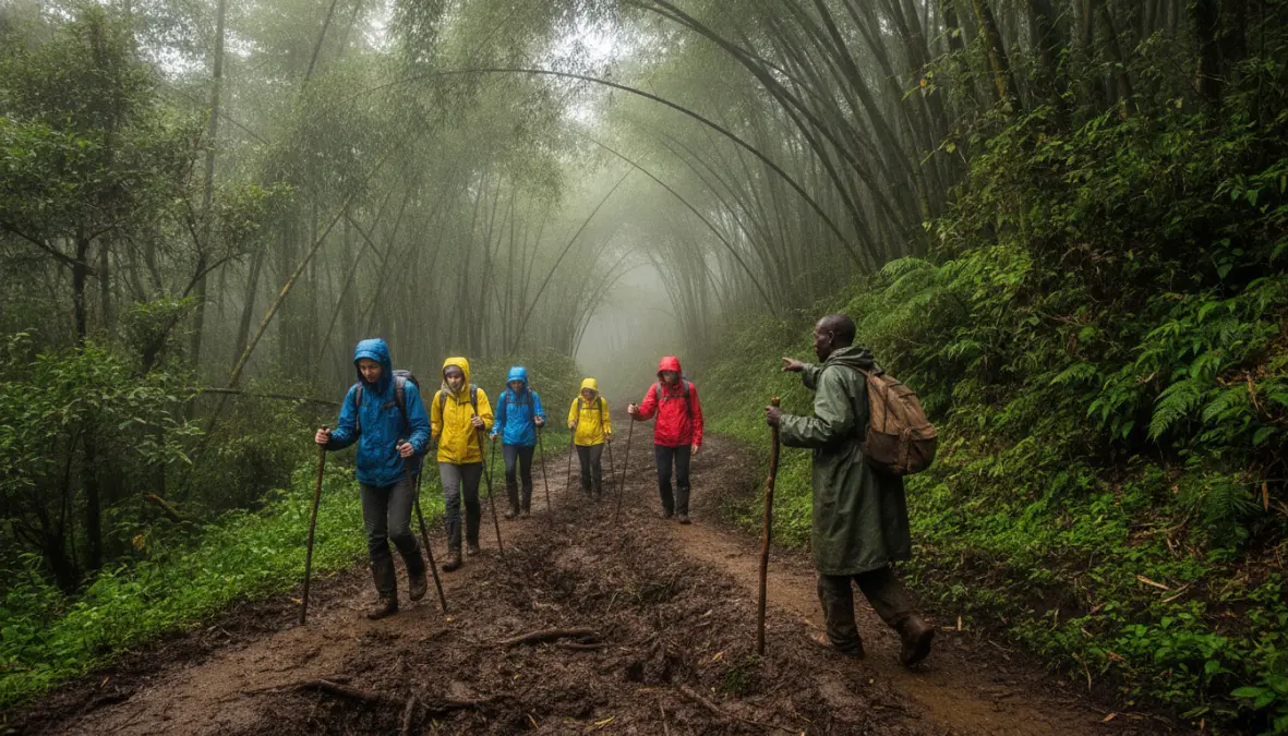 Escursionisti sul sentiero fangoso attraverso la foresta di bambù durante il trek alla tomba di Dian Fossey