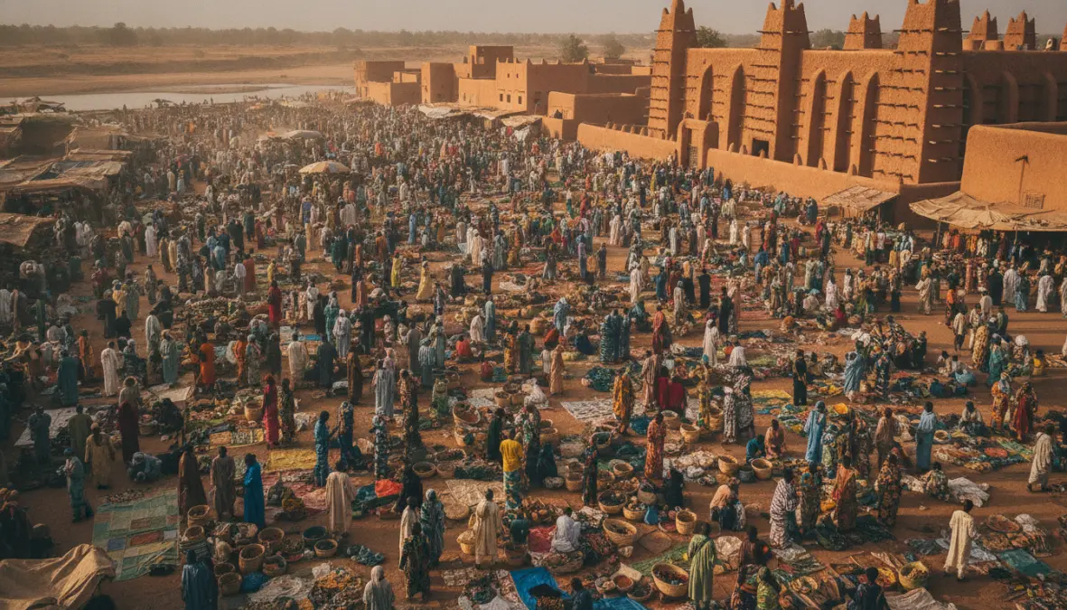 Djenne Monday market in Mali with traditional architecture and local traders