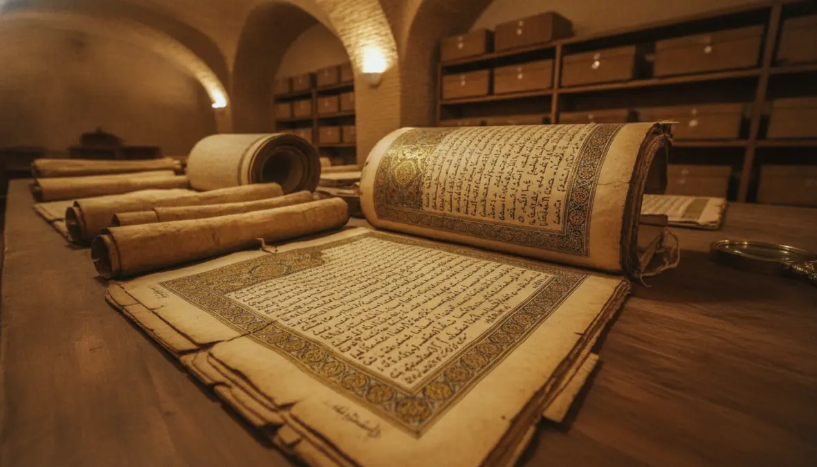 Ancient Timbuktu manuscripts with Arabic calligraphy at historical library in Mali